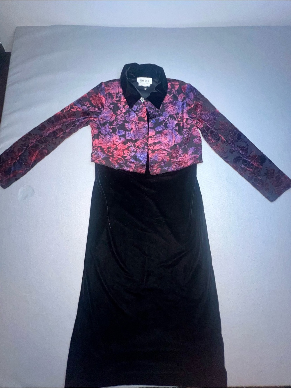 Vintage Amy Byer Black Velvet Midi Dress & Floral Bolero Jacket Set Size 12